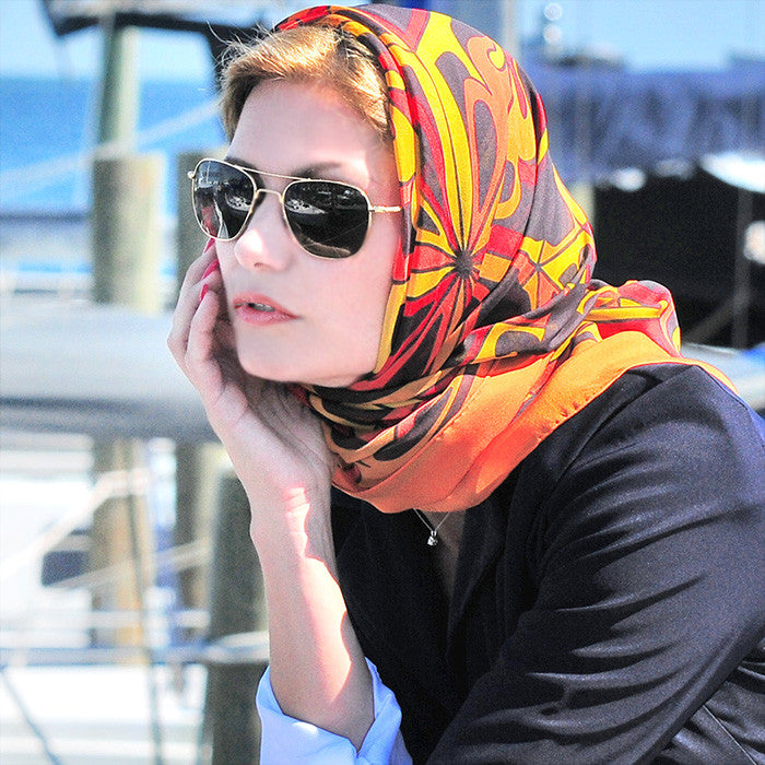 Extra large and lightweight chiffon silk scarf, orange and black, by ANNE TOURAINE Paris™