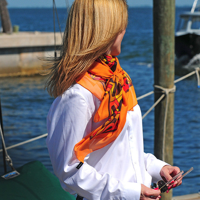 Extra large and lightweight chiffon silk scarf, orange and black, by ANNE TOURAINE Paris™