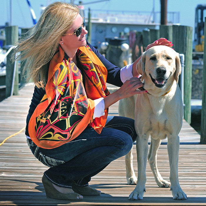 Extra large and lightweight chiffon silk scarf, orange and black, by ANNE TOURAINE Paris™