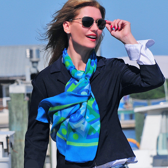Extra large and lightweight chiffon silk scarf, blue and green color, by ANNE TOURAINE Paris™