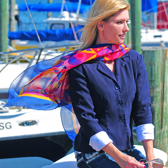 Extra large and lightweight chiffon silk scarf, cobalt blue, raspberry and yellow, by ANNE TOURAINE Paris™