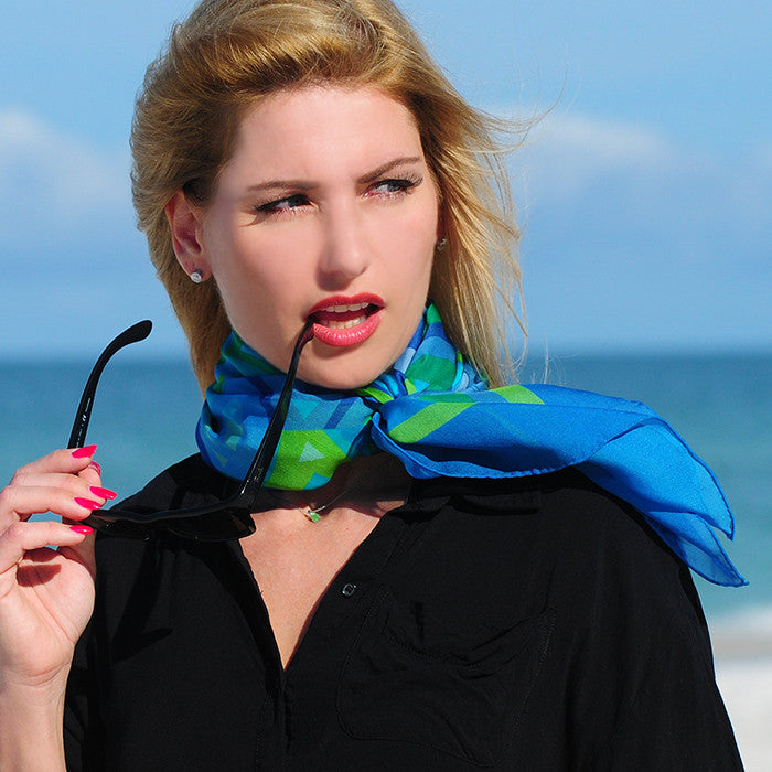Extra large and lightweight chiffon silk scarf, blue and green color, by ANNE TOURAINE Paris™