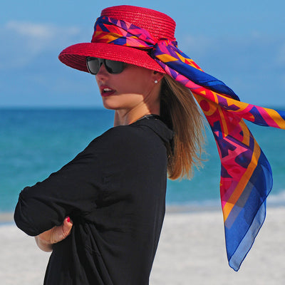 Extra large and lightweight chiffon silk scarf, cobalt blue, raspberry and yellow, by ANNE TOURAINE Paris™