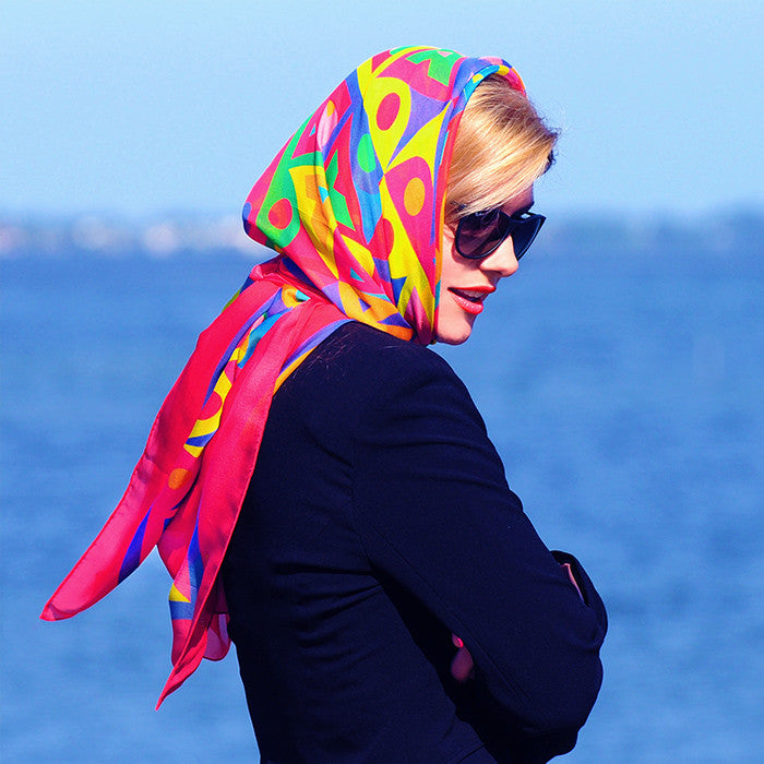 Extra large and lightweight chiffon silk scarf, raspberry and multicolor, by ANNE TOURAINE Paris™