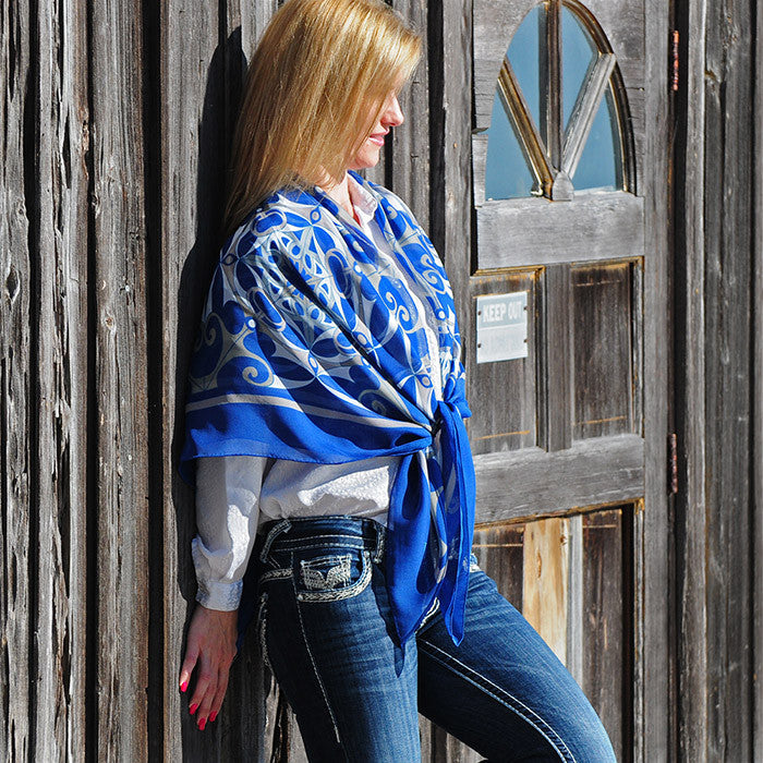 Extra large and lightweight chiffon silk scarf, blue color, by ANNE TOURAINE Paris™