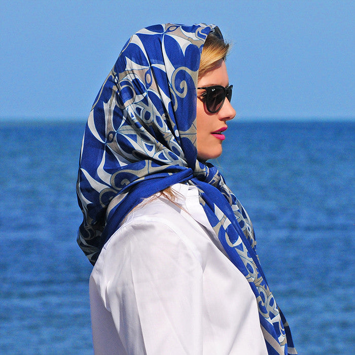 Extra large and lightweight chiffon silk scarf, blue color, by ANNE TOURAINE Paris™
