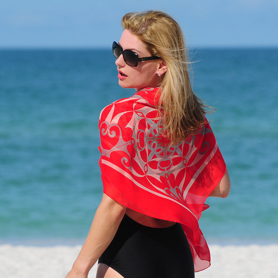 Extra large and lightweight chiffon silk scarf in red color by ANNE TOURAINE Paris™