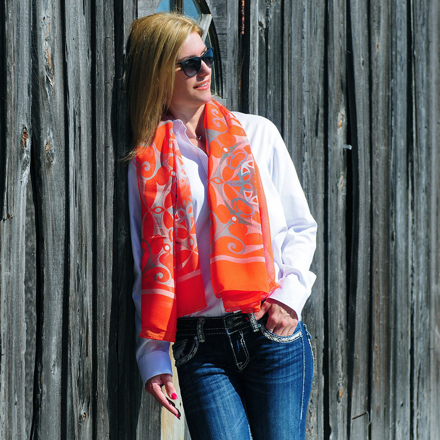 Extra large and lightweight chiffon silk scarf, vivid orange color, by ANNE TOURAINE Paris™