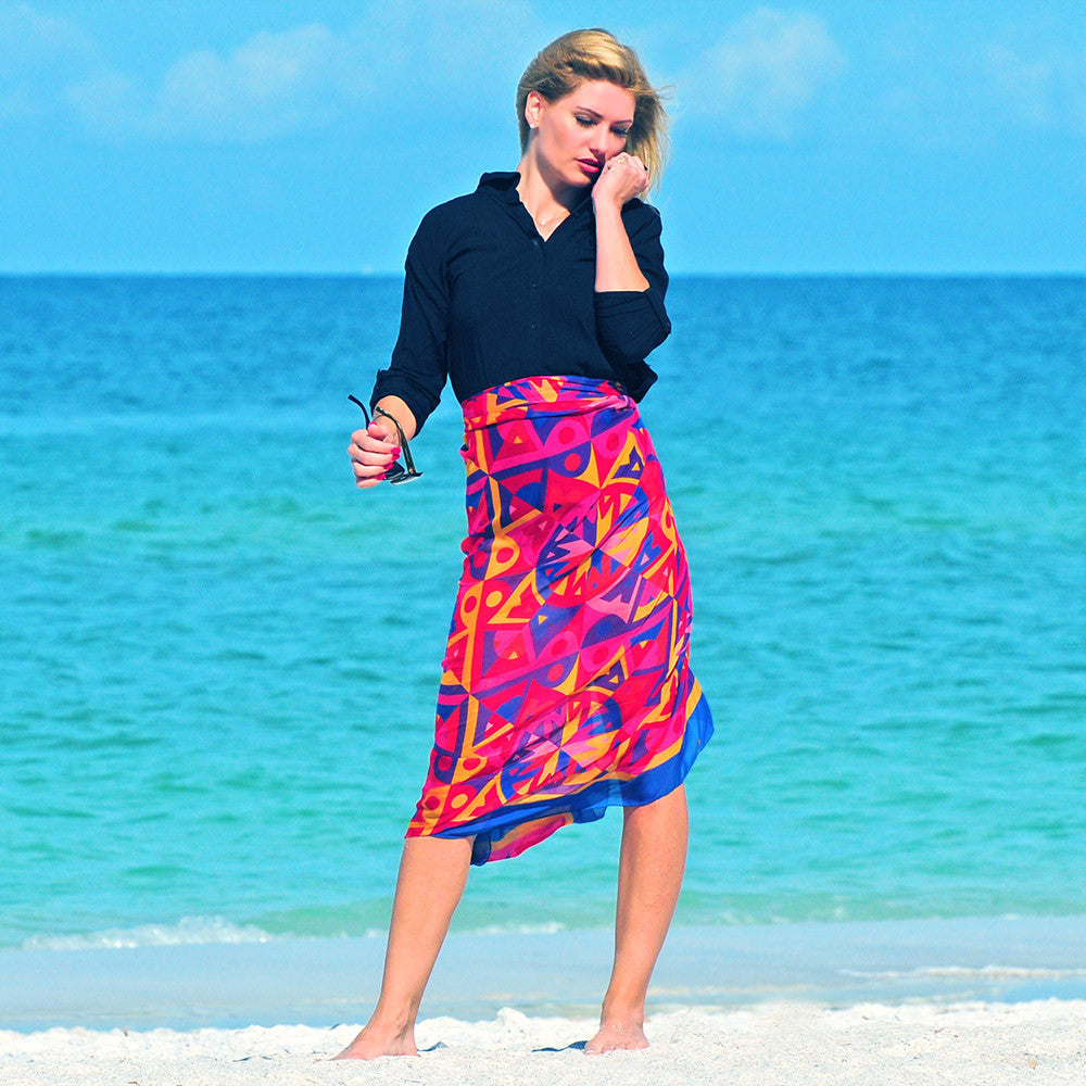 Extra large and lightweight chiffon silk scarf, cobalt blue, raspberry and yellow, by ANNE TOURAINE Paris™