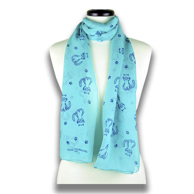 Turquoise blue silk chiffon scarf with cat pattern, oblong shape: a perfect gift for cat lovers. Scarf by ANNE TOURAINE Paris™ (1)
