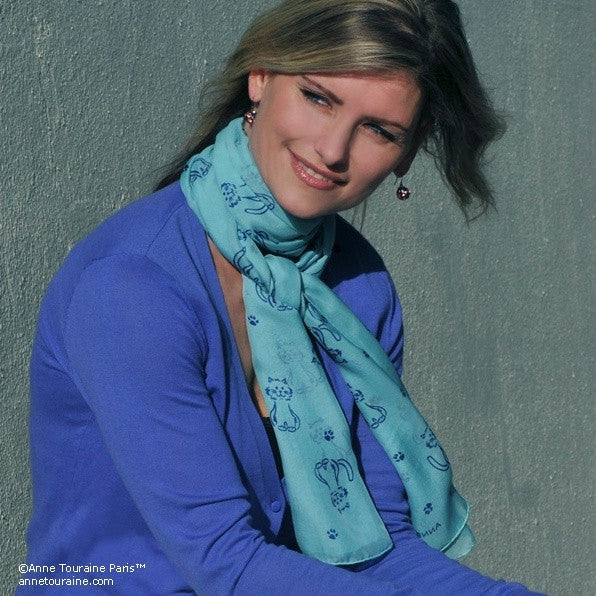 Turquoise blue silk chiffon scarf with cat pattern, oblong shape: a perfect gift for cat lovers. Scarf by ANNE TOURAINE Paris™ (0)