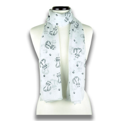 Pale grey silk chiffon scarf with cat pattern, oblong shape: a perfect gift for cat lovers. Scarf by ANNE TOURAINE Paris™ (1)