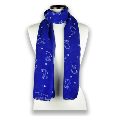 Blue silk chiffon scarf with dog pattern, oblong shape: a perfect gift for dog lovers. Scarf by ANNE TOURAINE Paris™ (1)