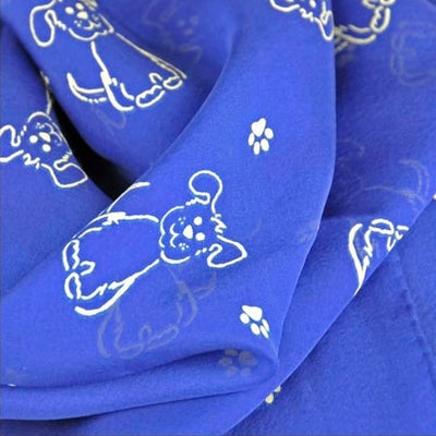 Blue silk chiffon scarf with dog pattern, oblong shape: a perfect gift for dog lovers. Scarf by ANNE TOURAINE Paris™ (4)