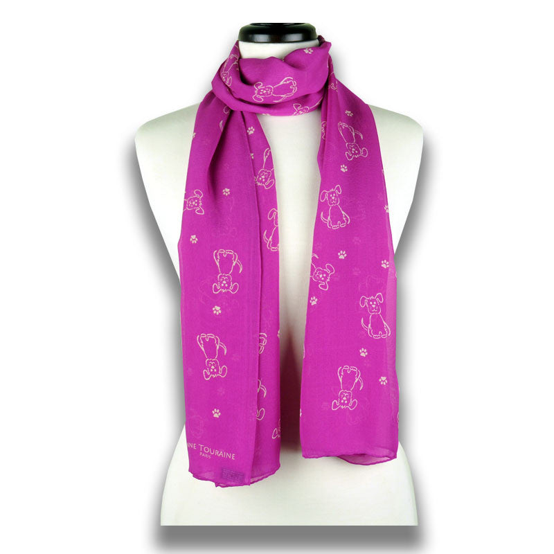 Pink silk chiffon scarf with dog pattern, oblong shape: a perfect gift for dog lovers. Scarf by ANNE TOURAINE Paris™ (1)