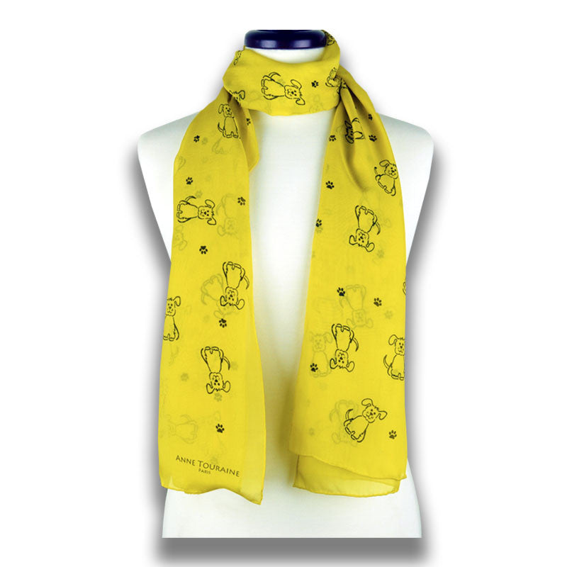 Yellow silk chiffon scarf with dog pattern, oblong shape: a perfect gift for dog lovers. Scarf by ANNE TOURAINE Paris™ (1)