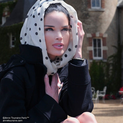 Champagne polka dot silk chiffon scarf, oblong shape. Lightweight and easy to tie. Scarf by ANNE TOURAINE Paris™ (3)