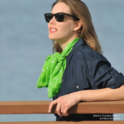 Vivid green polka dot silk chiffon scarf, oblong shape. Lightweight and easy to tie. Scarf by ANNE TOURAINE Paris™ (2)