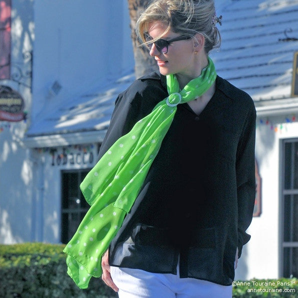 Vivid green polka dot silk chiffon scarf, oblong shape. Lightweight and easy to tie. Scarf by ANNE TOURAINE Paris™ (0)