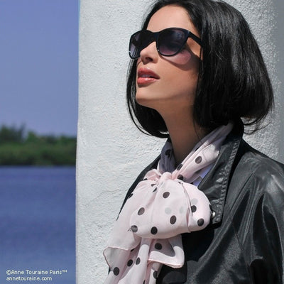 Pink polka dot silk chiffon scarf, oblong shape. Lightweight and easy to tie. Scarf by ANNE TOURAINE Paris™ (3)