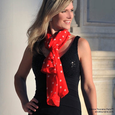 Red polka dot silk chiffon scarf, oblong shape. Lightweight and easy to tie. Scarf by ANNE TOURAINE Paris™ (2)