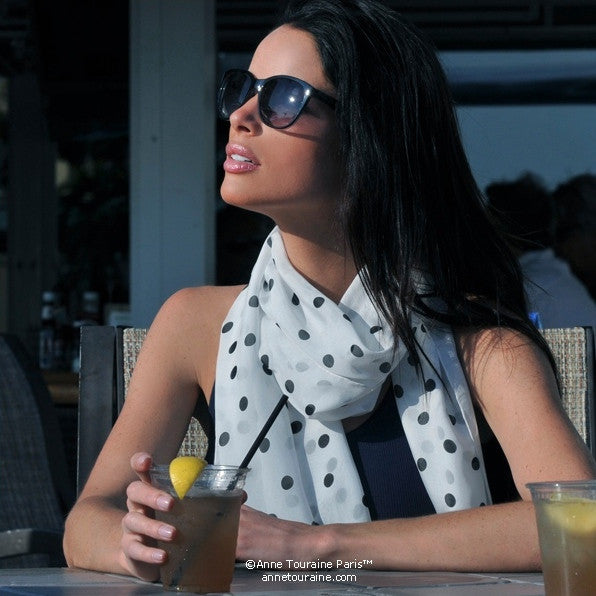 White polka dot silk chiffon scarf, oblong shape. Lightweight and easy to tie. Scarf by ANNE TOURAINE Paris™ (3)