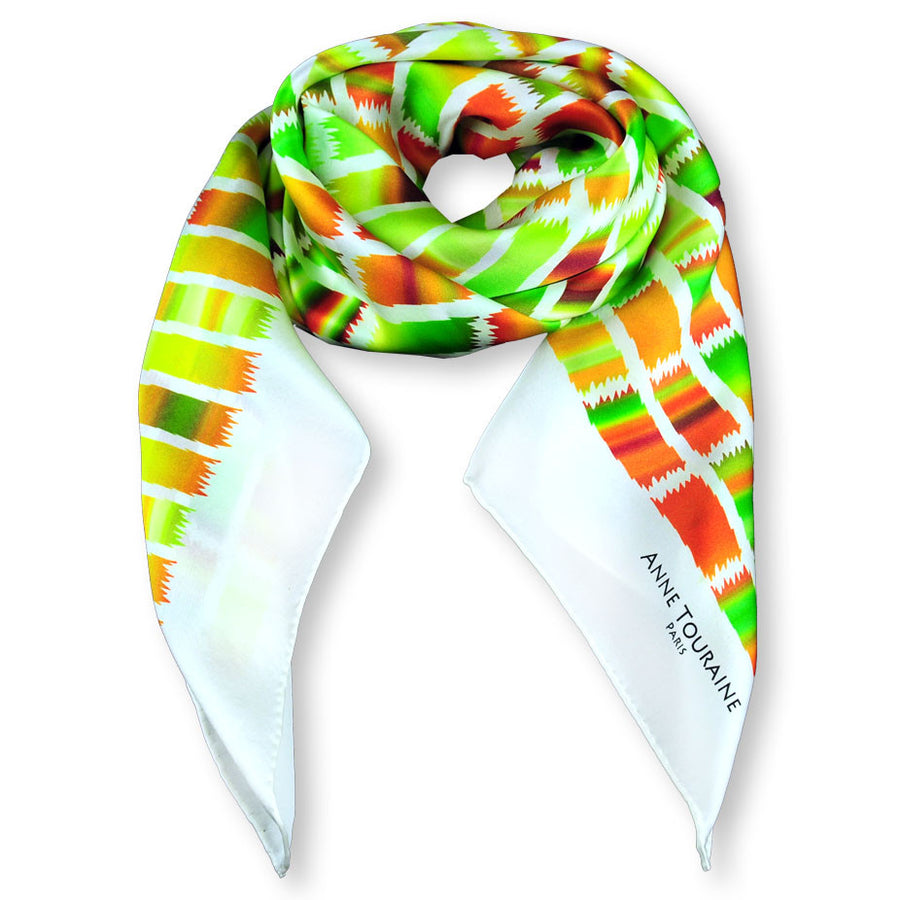 Green and brown extra large silk scarf with a contemporary ethnic pattern: versatile and easy to wear all year round. Scarf ANNE TOURAINE Paris™ (1)