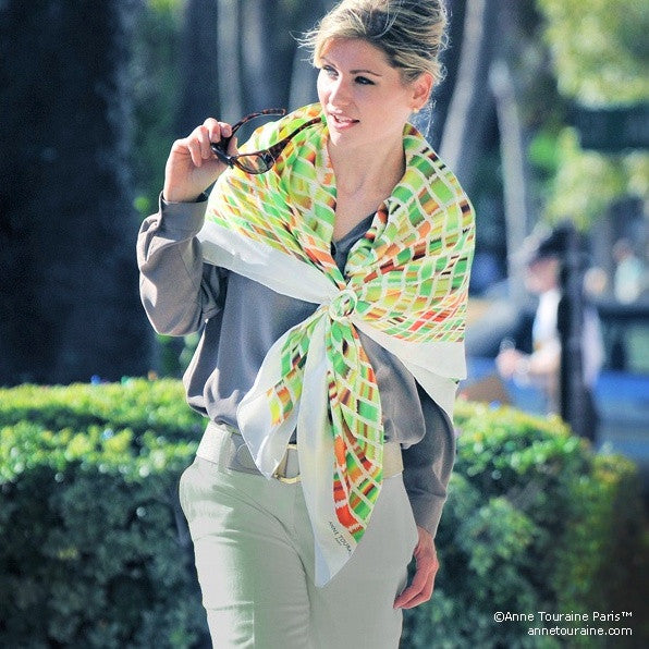 Extra large silk scarf - green and brown - 47x47 - ANNE TOURAINE