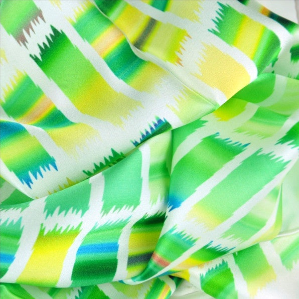 Green and yellow extra large silk scarf with a contemporary ethnic pattern: versatile and easy to wear all year round. Scarf ANNE TOURAINE Paris™ (5)