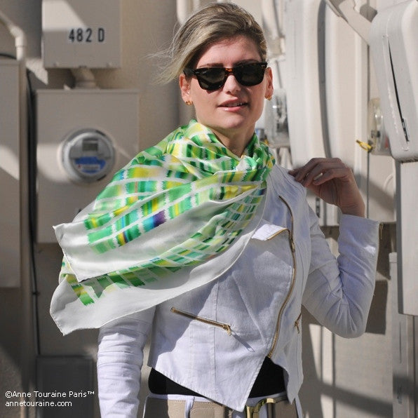 Green and yellow extra large silk scarf with a contemporary ethnic pattern: versatile and easy to wear all year round. Scarf ANNE TOURAINE Paris™ (4)