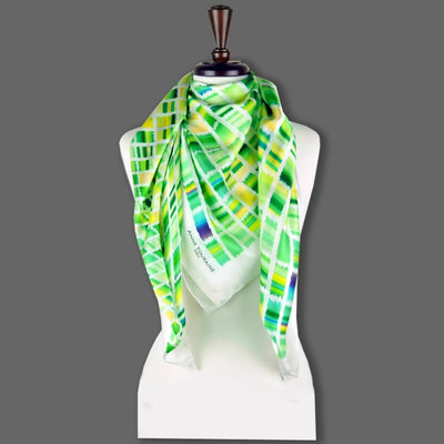 Green and yellow extra large silk scarf with a contemporary ethnic pattern: versatile and easy to wear all year round. Scarf ANNE TOURAINE Paris™ (6)