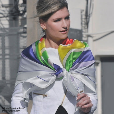 Multicolor extra large silk scarf with a modern geometric design: versatile and easy to pair with many colors. Scarf ANNE TOURAINE Paris™ (3)