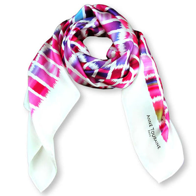 Pink and blue extra large silk scarf with a contemporary ethnic pattern: versatile and easy to wear all year round. Scarf ANNE TOURAINE Paris™ (1)