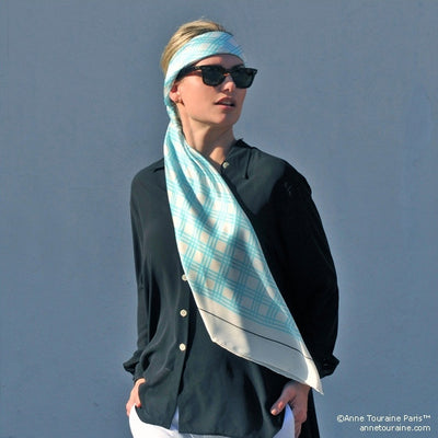 Turquoise and white extra large silk scarf with a fresh and modern stripe pattern: versatile and easy to wear all year round. Scarf ANNE TOURAINE Paris™ (3)