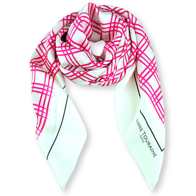 Pink and white extra large silk scarf with a fresh and modern stripe pattern: versatile and easy to wear all year round. Scarf ANNE TOURAINE Paris™ (1)