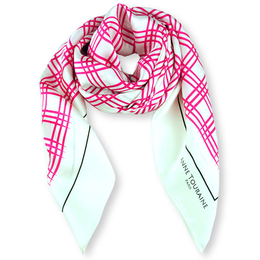 Pink and white extra large silk scarf with a fresh and modern stripe pattern: versatile and easy to wear all year round. Scarf ANNE TOURAINE Paris™ (1)
