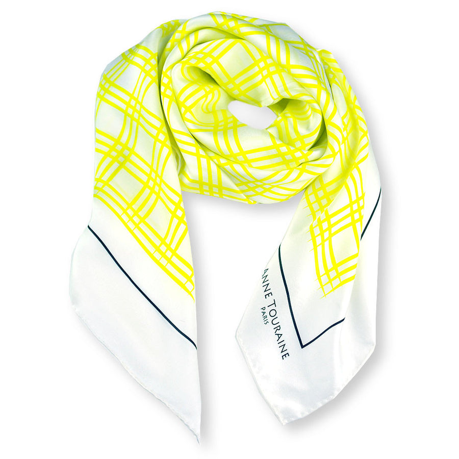 Yellow and white extra large silk scarf with a fresh and modern stripe pattern: versatile and easy to wear all year round. Scarf ANNE TOURAINE Paris™ (1)