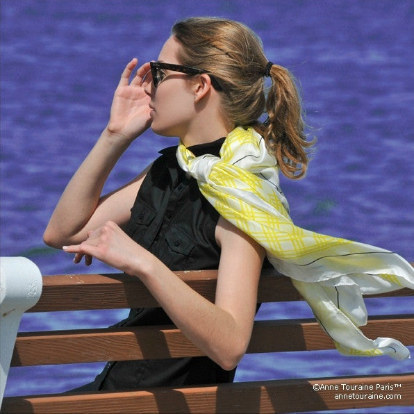 Yellow and white extra large silk scarf with a fresh and modern stripe pattern: versatile and easy to wear all year round. Scarf ANNE TOURAINE Paris™ (3)