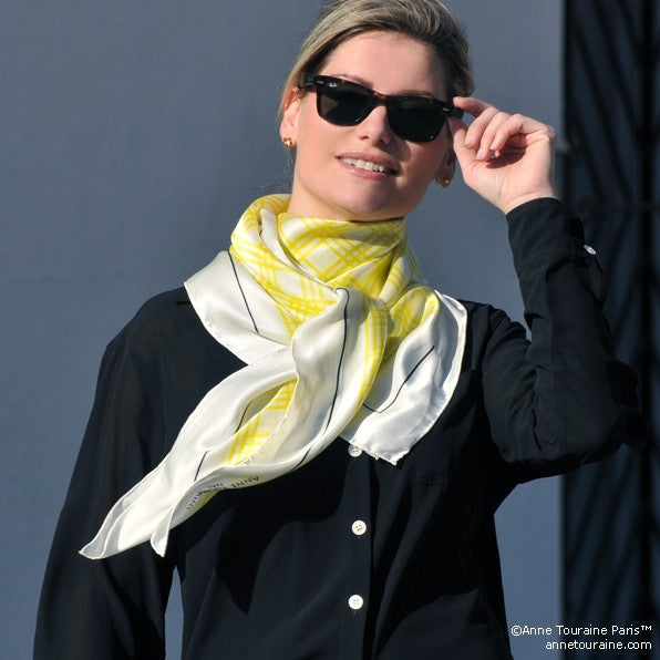 Yellow and white extra large silk scarf with a fresh and modern stripe pattern: versatile and easy to wear all year round. Scarf ANNE TOURAINE Paris™ (4)