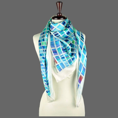 Turquoise and navy blue extra large silk scarf with a contemporary ethnic pattern: versatile and easy to wear all year round. Scarf ANNE TOURAINE Paris™ (6)