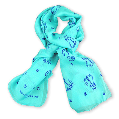 Turquoise blue silk chiffon scarf with cat pattern, oblong shape: a perfect gift for cat lovers. Scarf by ANNE TOURAINE Paris™ (0)